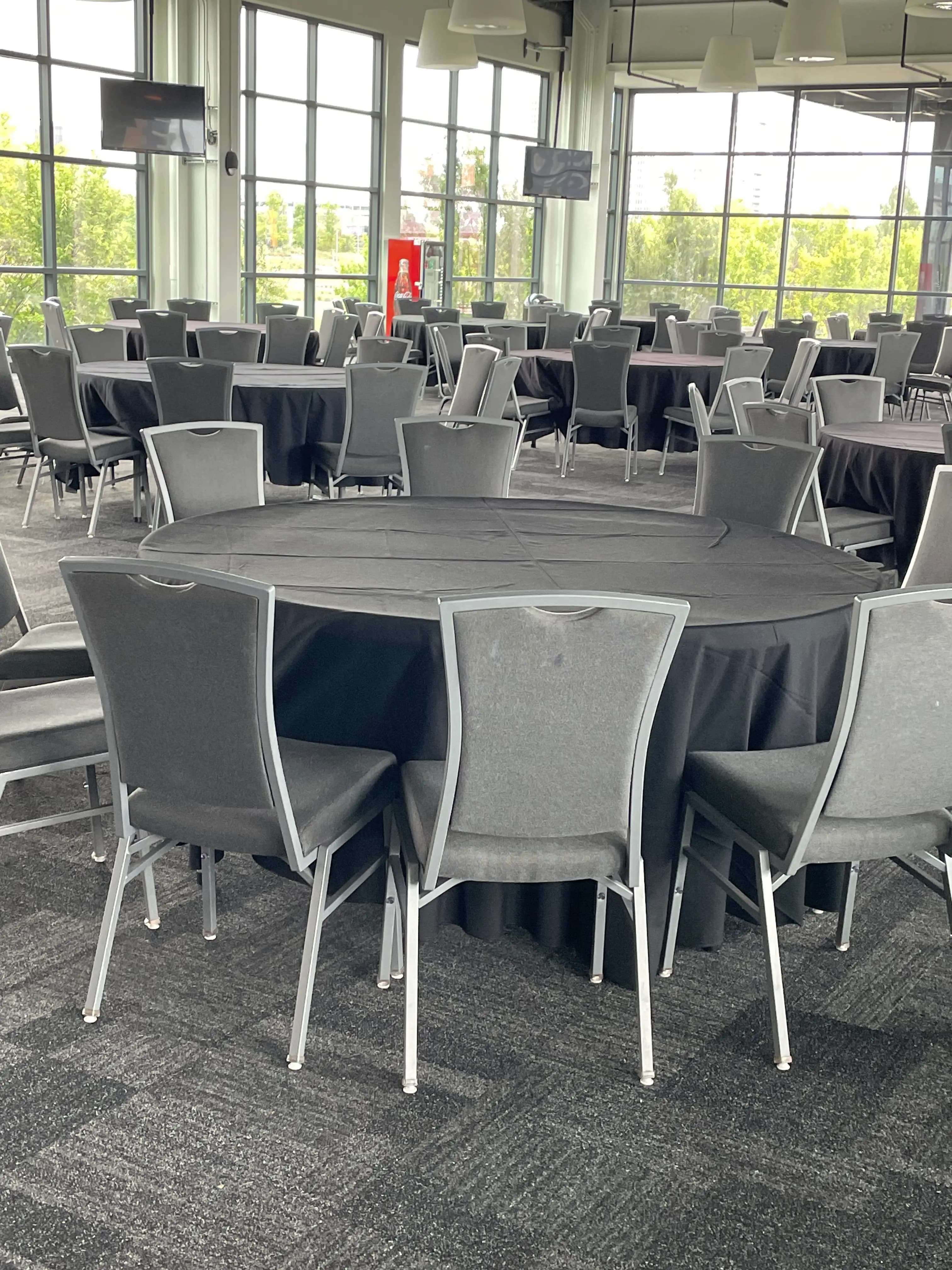 Conference setup with black tablecloth