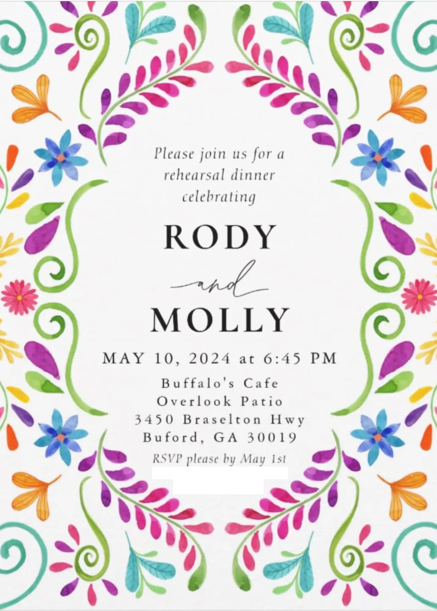 Rehearsal dinner invitation for Rody and Molly
