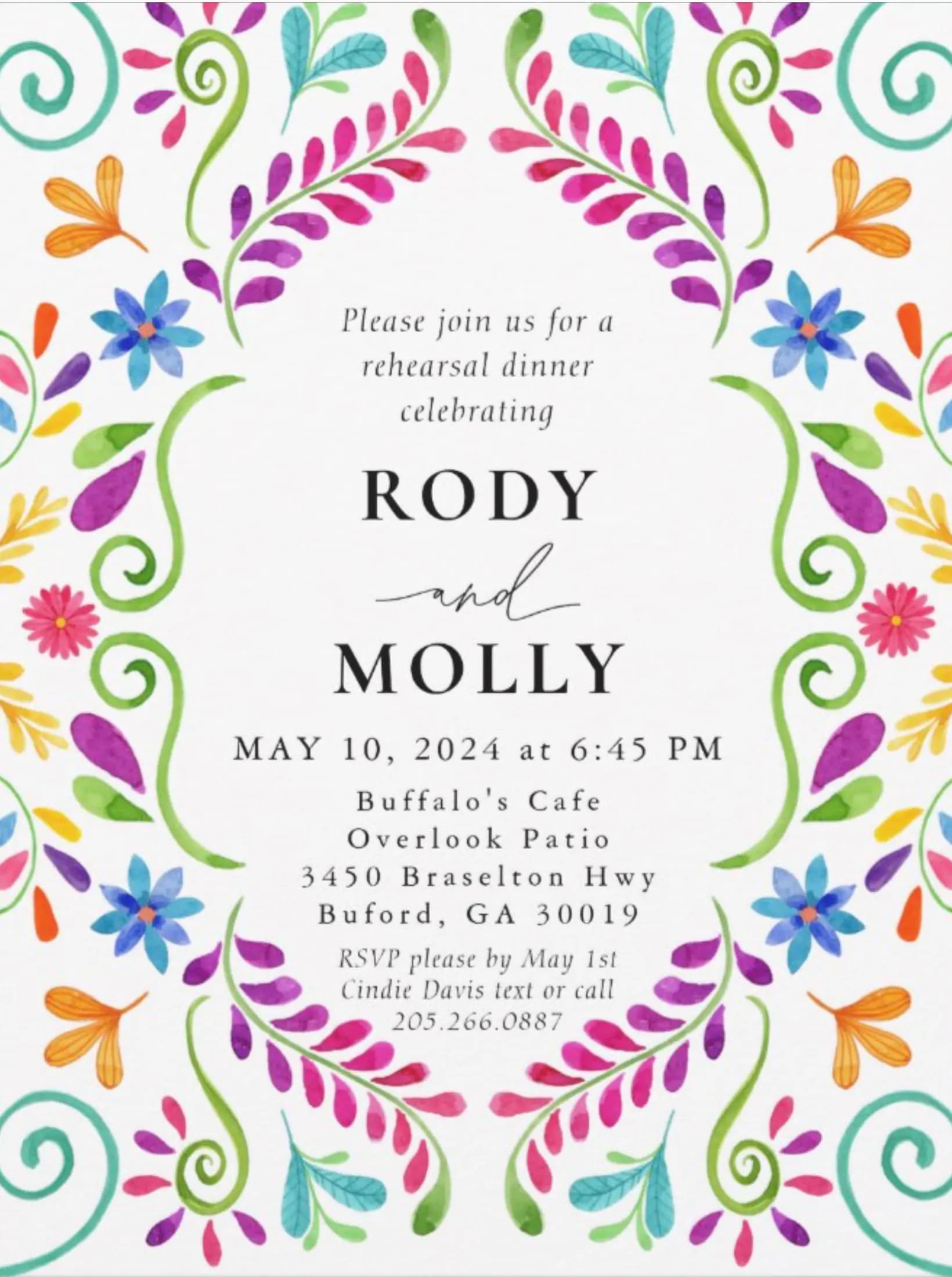Rehearsal dinner invitation for Rody and Molly