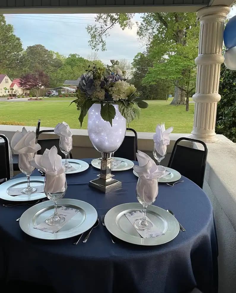 Outdoor Rehearsal Dinner with Navy Burlap Overlays