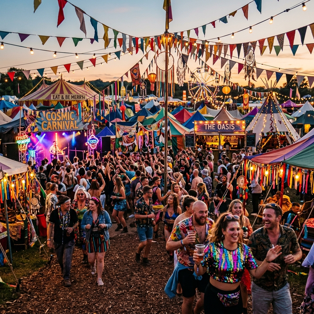 Vibrant and colorful festival party with eclectic decorations